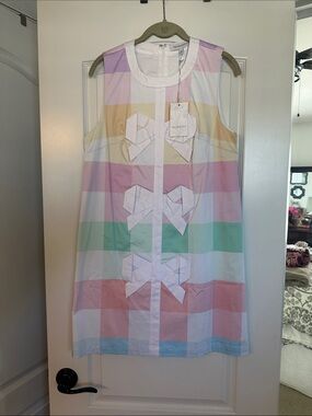 Prosperina/ Red Dress Sleeveless Pastel Stripe Dress with Bow Details